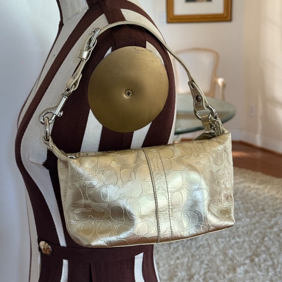 COACH Mini Top Handle Shoulder Bag Metallic Gold Embossed Signature C Leather - Picture 3 of 11